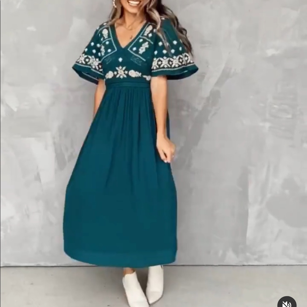 In Loom Embroidered Midi Dress with Flutter Sleeves V Neck